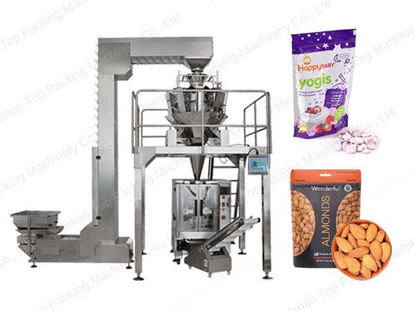 Une machine d'emballage de snacks combinée : balance multi-têtes et machine à revers.