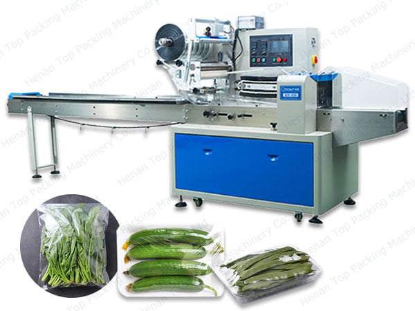 Horizontal vegetable packing machine can pack vegetable with box.